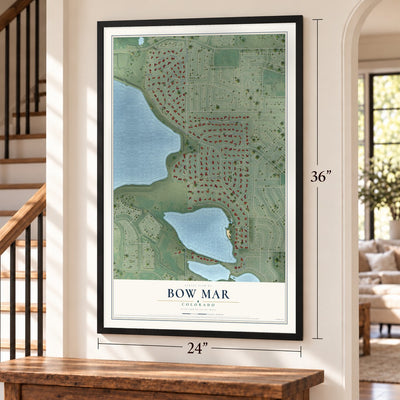 Bow Mar, Colorado map, 24 x 36 inch print in a black frame by a staircase