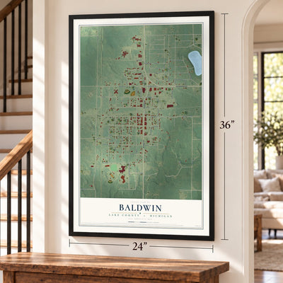 Baldwin, Lake County, Michigan map, 24 x 36 inch print in a black frame by a staircase