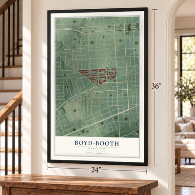 Boyd-Booth, Maryland map, 24 x 36 inch print in a black frame by a staircase