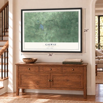 Galway, New York map, 24 x 36 inch print in a black frame above a dresser by a staircase