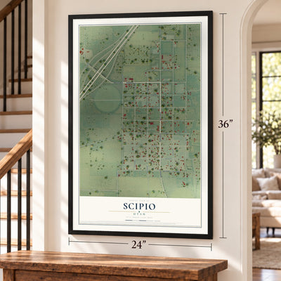 Scipio, Utah map, 24 x 36 inch print in a black frame by a staircase