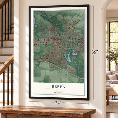 Berea, Ohio map, 24 x 36 inch print in a black frame by a staircase