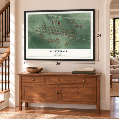 Whitehall, Montana map, 24 x 36 inch print in a black frame above a dresser by a staircase