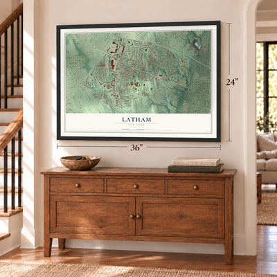 Latham, New York map, 24 x 36 inch print in a black frame above a dresser by a staircase