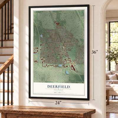 Deerfield, Illinois map, 24 x 36 inch print in a black frame by a staircase