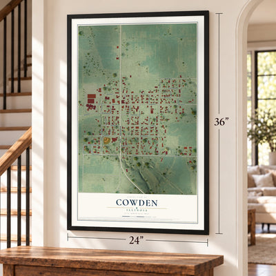 Cowden, Illinois map, 24 x 36 inch print in a black frame by a staircase