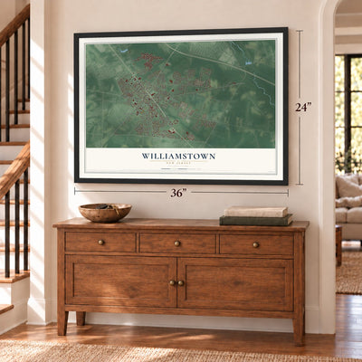 Williamstown, New Jersey map, 24 x 36 inch print in a black frame above a dresser by a staircase