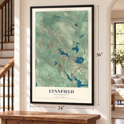 Lynnfield, Massachusetts map, 24 x 36 inch print in a black frame by a staircase