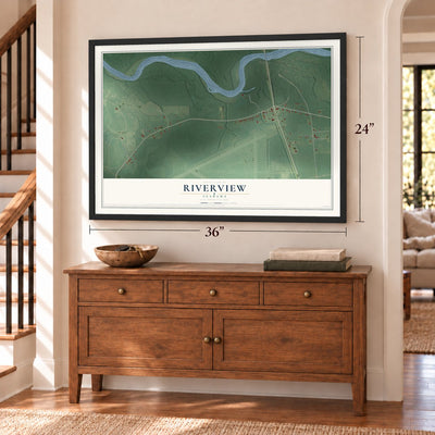 Riverview, Alabama map, 24 x 36 inch print in a black frame above a dresser by a staircase