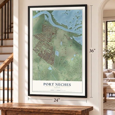 Port Neches, Texas map, 24 x 36 inch print in a black frame by a staircase