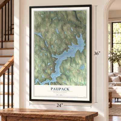 Paupack, Pennsylvania map, 24 x 36 inch print in a black frame by a staircase