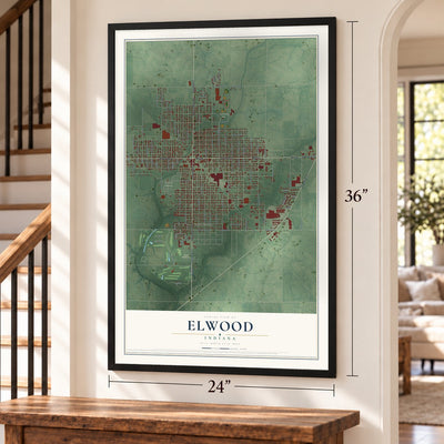 Elwood, Indiana map, 24 x 36 inch print in a black frame by a staircase