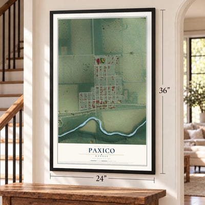 Paxico, Kansas map, 24 x 36 inch print in a black frame by a staircase