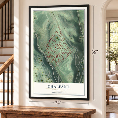 Chalfant, Pennsylvania map, 24 x 36 inch print in a black frame by a staircase