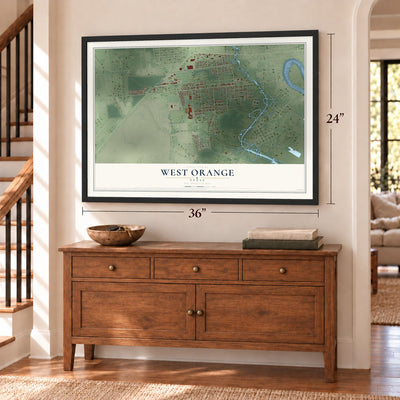 West Orange, Texas map, 24 x 36 inch print in a black frame above a dresser by a staircase