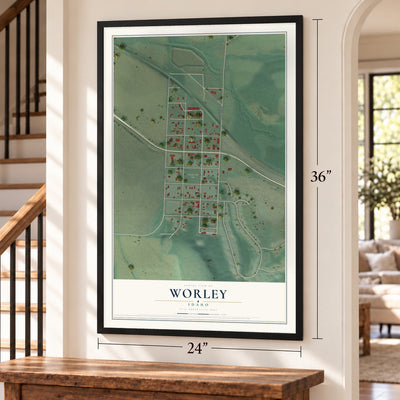 Worley, Idaho map, 24 x 36 inch print in a black frame by a staircase
