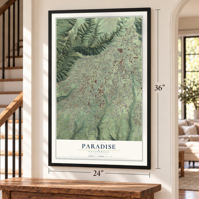 Paradise, California map, 24 x 36 inch print in a black frame by a staircase