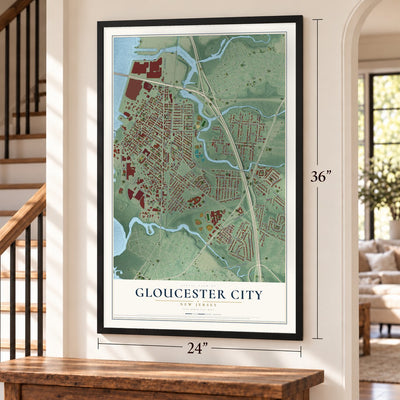Gloucester City, New Jersey map, 24 x 36 inch print in a black frame by a staircase
