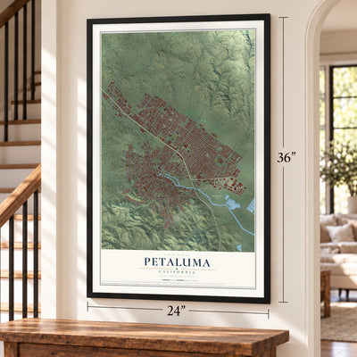 Petaluma, California map, 24 x 36 inch print in a black frame by a staircase