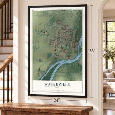 Waterville, Ohio map, 24 x 36 inch print in a black frame by a staircase