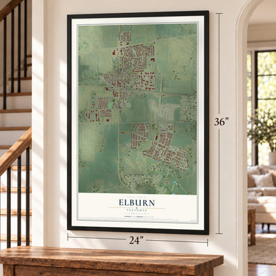 Elburn, Illinois map, 24 x 36 inch print in a black frame by a staircase