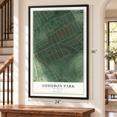 Audubon Park, Kentucky map, 24 x 36 inch print in a black frame by a staircase