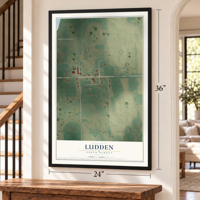 Ludden, North Dakota map, 24 x 36 inch print in a black frame by a staircase