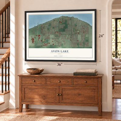 Avon Lake, Ohio map, 24 x 36 inch print in a black frame above a dresser by a staircase