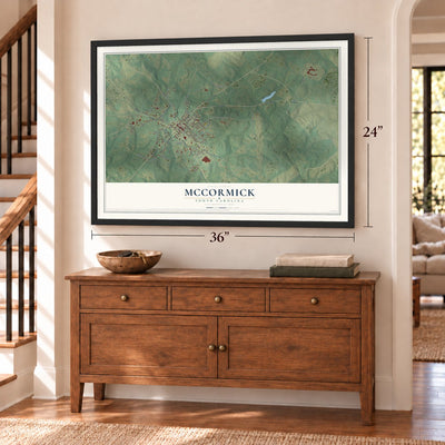 McCormick, South Carolina map, 24 x 36 inch print in a black frame above a dresser by a staircase
