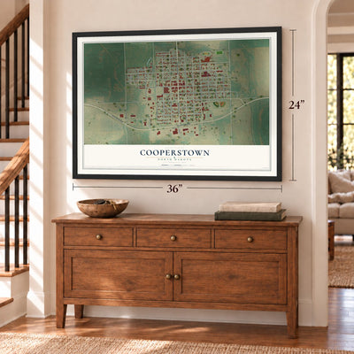 Cooperstown, North Dakota map, 24 x 36 inch print in a black frame above a dresser by a staircase
