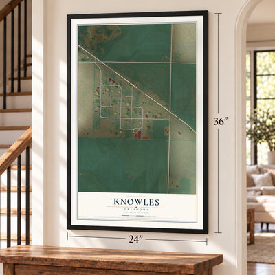 Knowles, Oklahoma map, 24 x 36 inch print in a black frame by a staircase