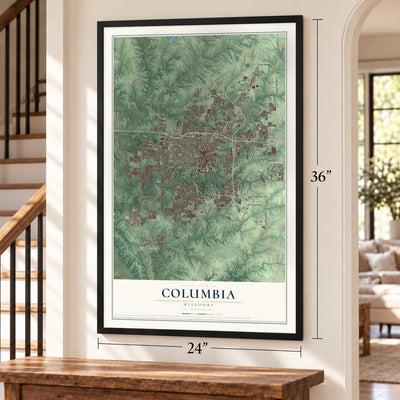 Columbia, Missouri map, 24 x 36 inch print in a black frame by a staircase