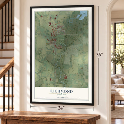 Richmond, Illinois map, 24 x 36 inch print in a black frame by a staircase