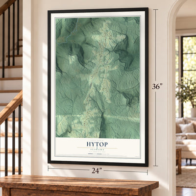 Hytop, Alabama map, 24 x 36 inch print in a black frame by a staircase
