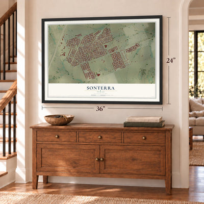 Sonterra, Texas map, 24 x 36 inch print in a black frame above a dresser by a staircase
