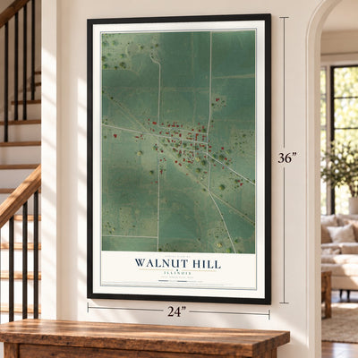 Walnut Hill, Illinois map, 24 x 36 inch print in a black frame by a staircase
