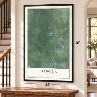 Fredonia, Michigan map, 24 x 36 inch print in a black frame by a staircase