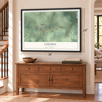 Lincoln, Arkansas map, 24 x 36 inch print in a black frame above a dresser by a staircase