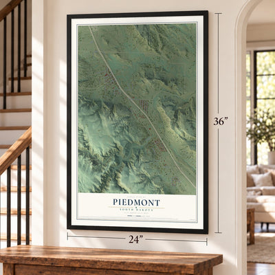 Piedmont, South Dakota map, 24 x 36 inch print in a black frame by a staircase