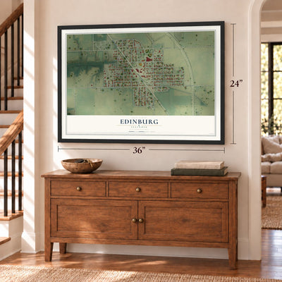 Edinburg, Illinois map, 24 x 36 inch print in a black frame above a dresser by a staircase
