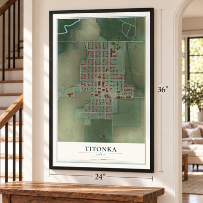 Titonka, Iowa map, 24 x 36 inch print in a black frame by a staircase