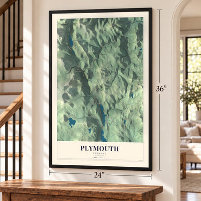 Plymouth, Vermont map, 24 x 36 inch print in a black frame by a staircase