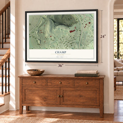 Champ, Missouri map, 24 x 36 inch print in a black frame above a dresser by a staircase
