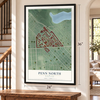 Penn North, Maryland map, 24 x 36 inch print in a black frame by a staircase
