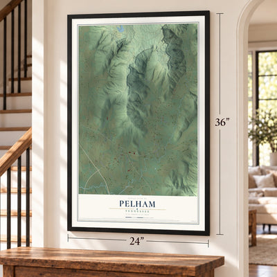 Pelham, Tennessee map, 24 x 36 inch print in a black frame by a staircase