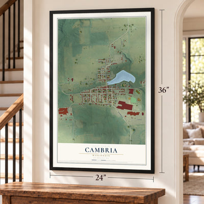 Cambria, Wisconsin map, 24 x 36 inch print in a black frame by a staircase