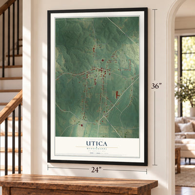 Utica, Mississippi map, 24 x 36 inch print in a black frame by a staircase