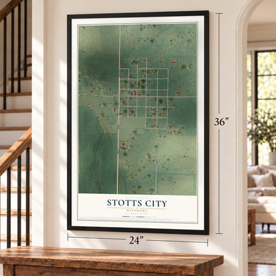 Stotts City, Missouri map, 24 x 36 inch print in a black frame by a staircase