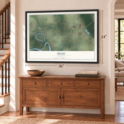 Diaz, Arkansas map, 24 x 36 inch print in a black frame above a dresser by a staircase