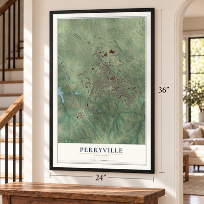 Perryville, Missouri map, 24 x 36 inch print in a black frame by a staircase